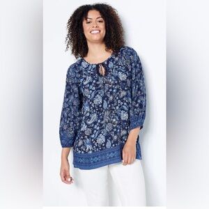 Susan Graver Womens Floral Woven Tie Neck Peasant Tunic Top - Size Med. petite